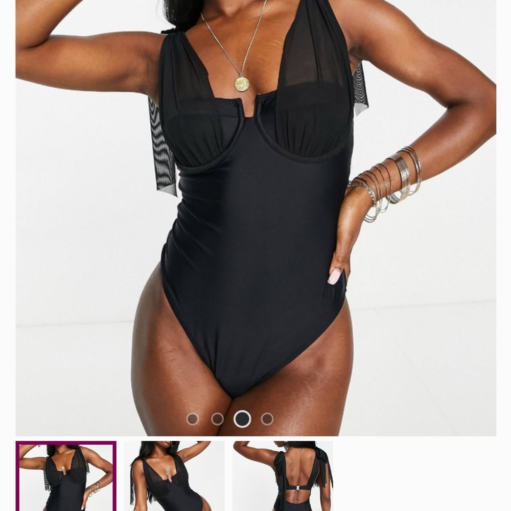 Classic Black One-Piece Swimsuit with Deep V-Neck and Ruffle Detail